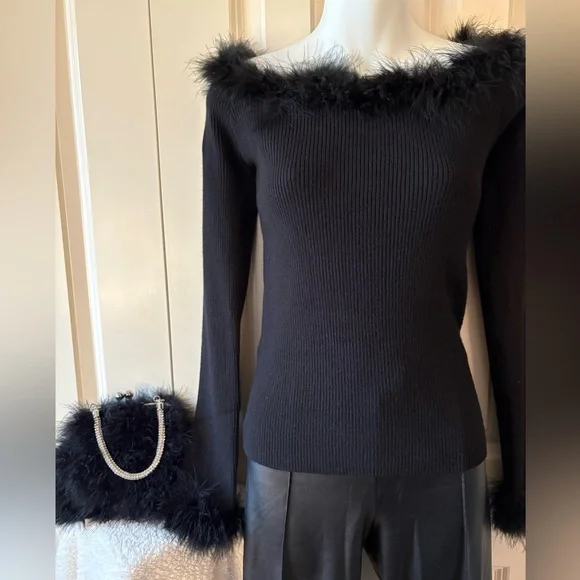 NWOT, Elegant Black Sweater with Feather Trim, slightly off shoulder, by Cato - Picture 2 of 9